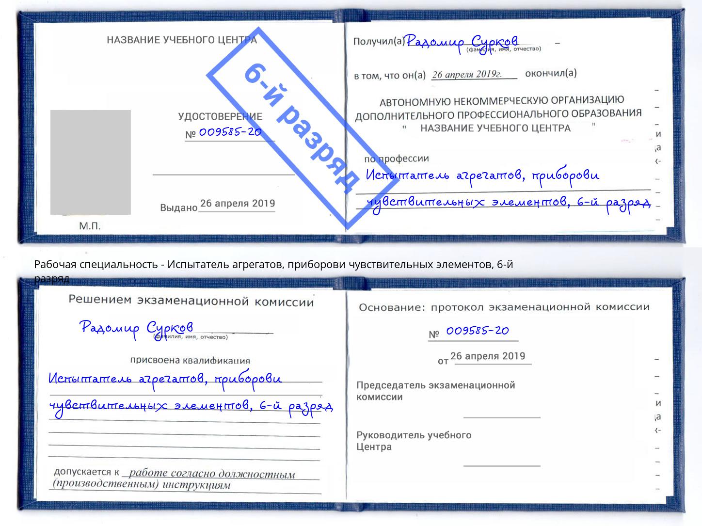 корочка 6-й разряд Испытатель агрегатов, приборови чувствительных элементов Вышний Волочёк