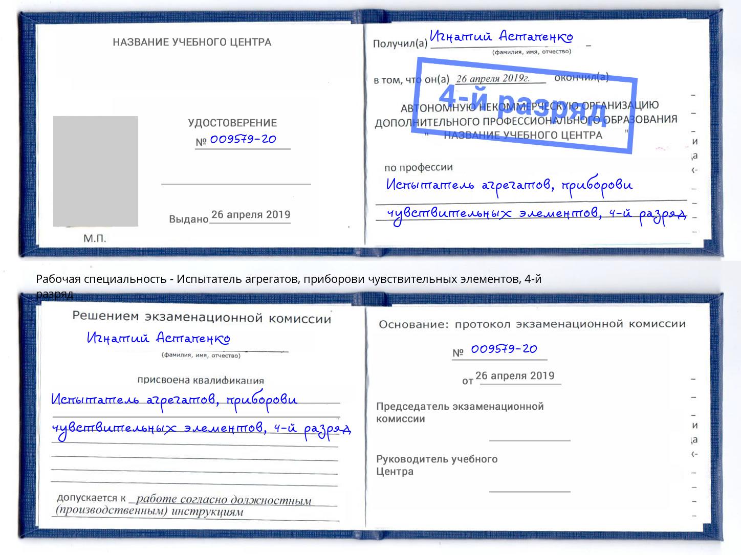 корочка 4-й разряд Испытатель агрегатов, приборови чувствительных элементов Вышний Волочёк