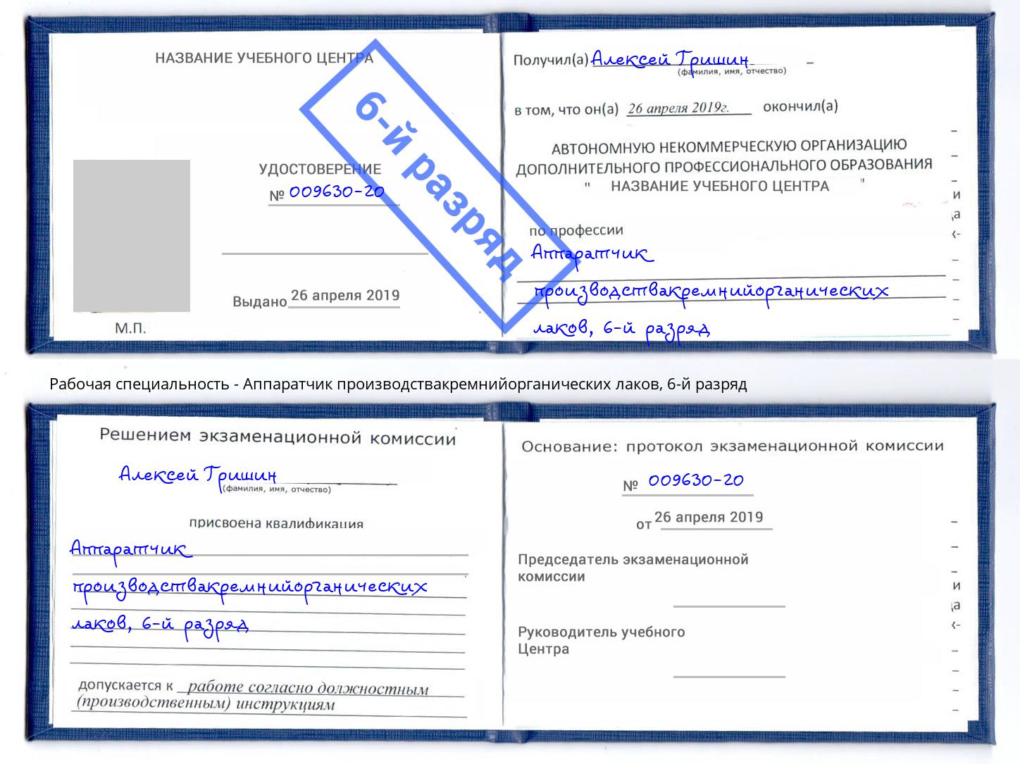 корочка 6-й разряд Аппаратчик производствакремнийорганических лаков Вышний Волочёк