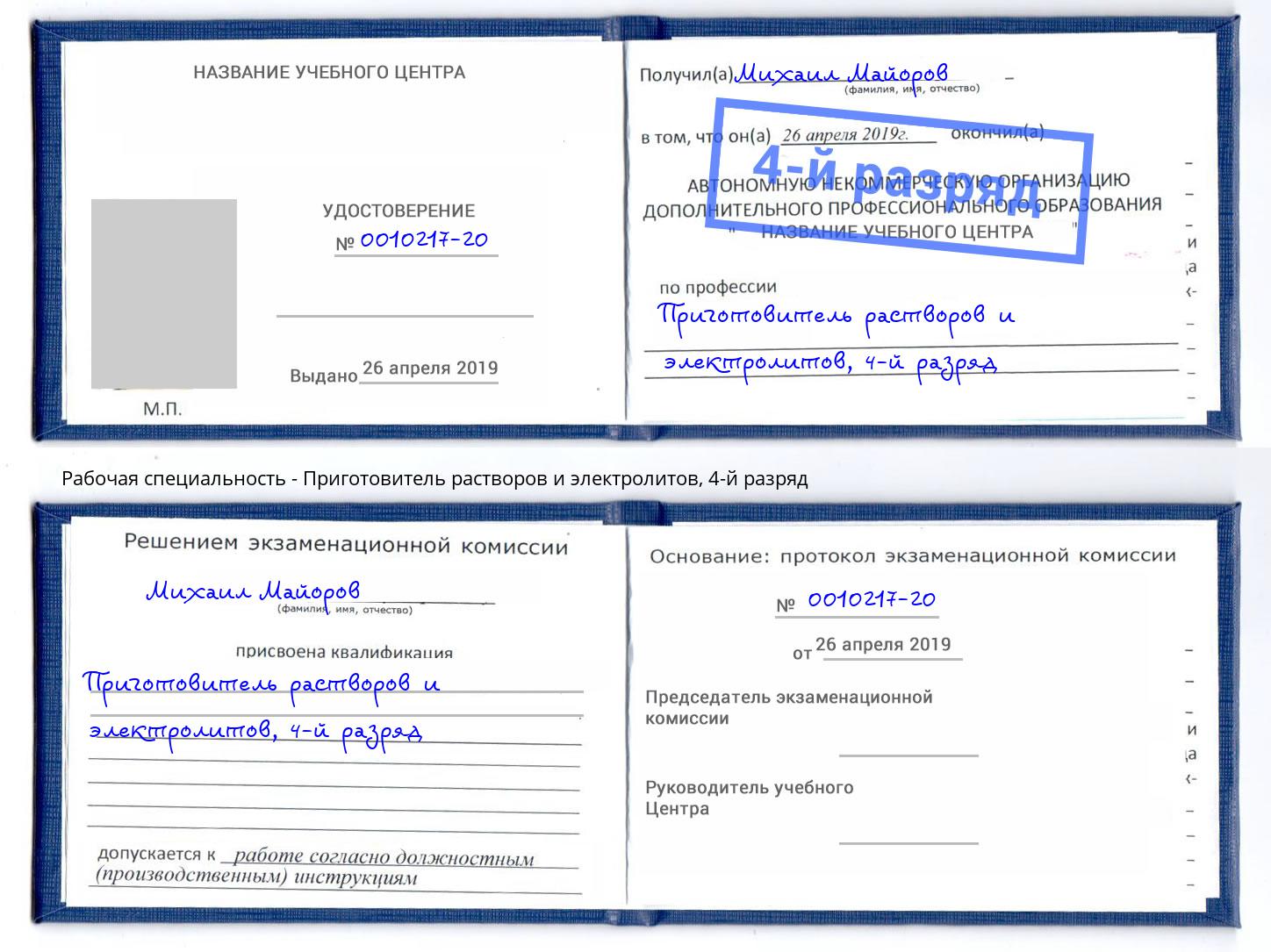 корочка 4-й разряд Приготовитель растворов и электролитов Вышний Волочёк