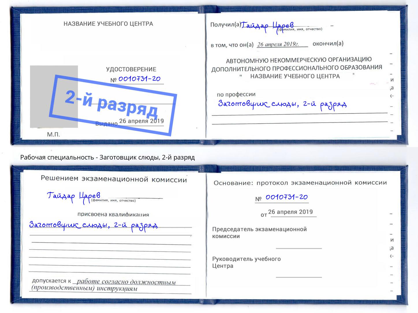 корочка 2-й разряд Заготовщик слюды Вышний Волочёк
