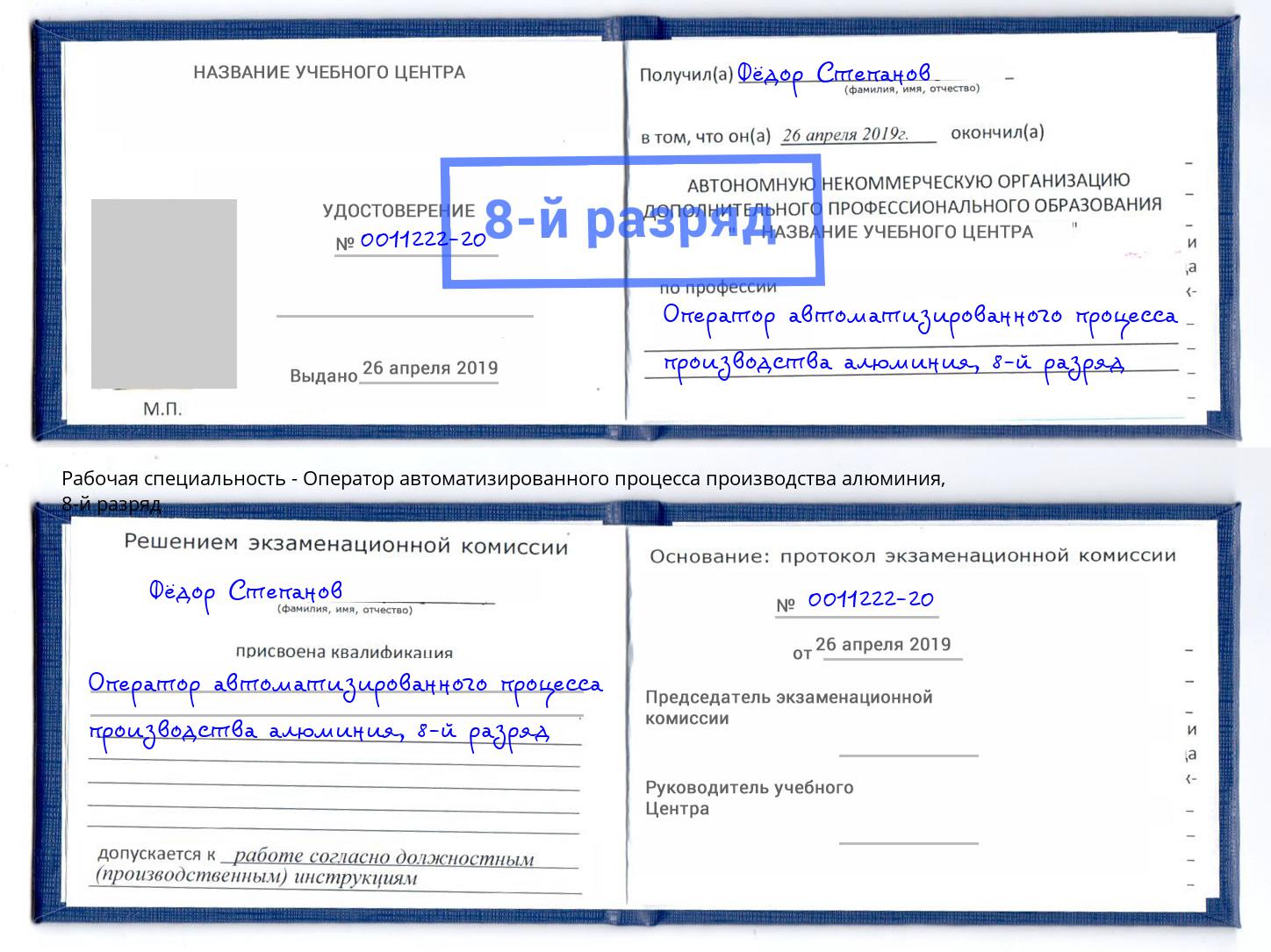 корочка 8-й разряд Оператор автоматизированного процесса производства алюминия Вышний Волочёк