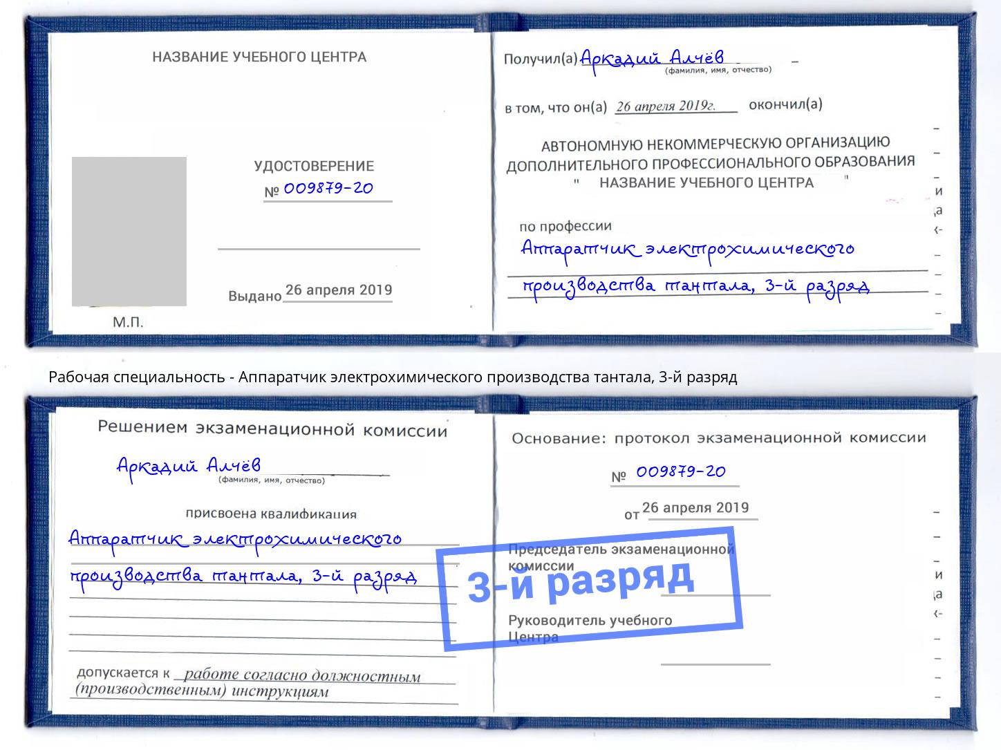 корочка 3-й разряд Аппаратчик электрохимического производства тантала Вышний Волочёк