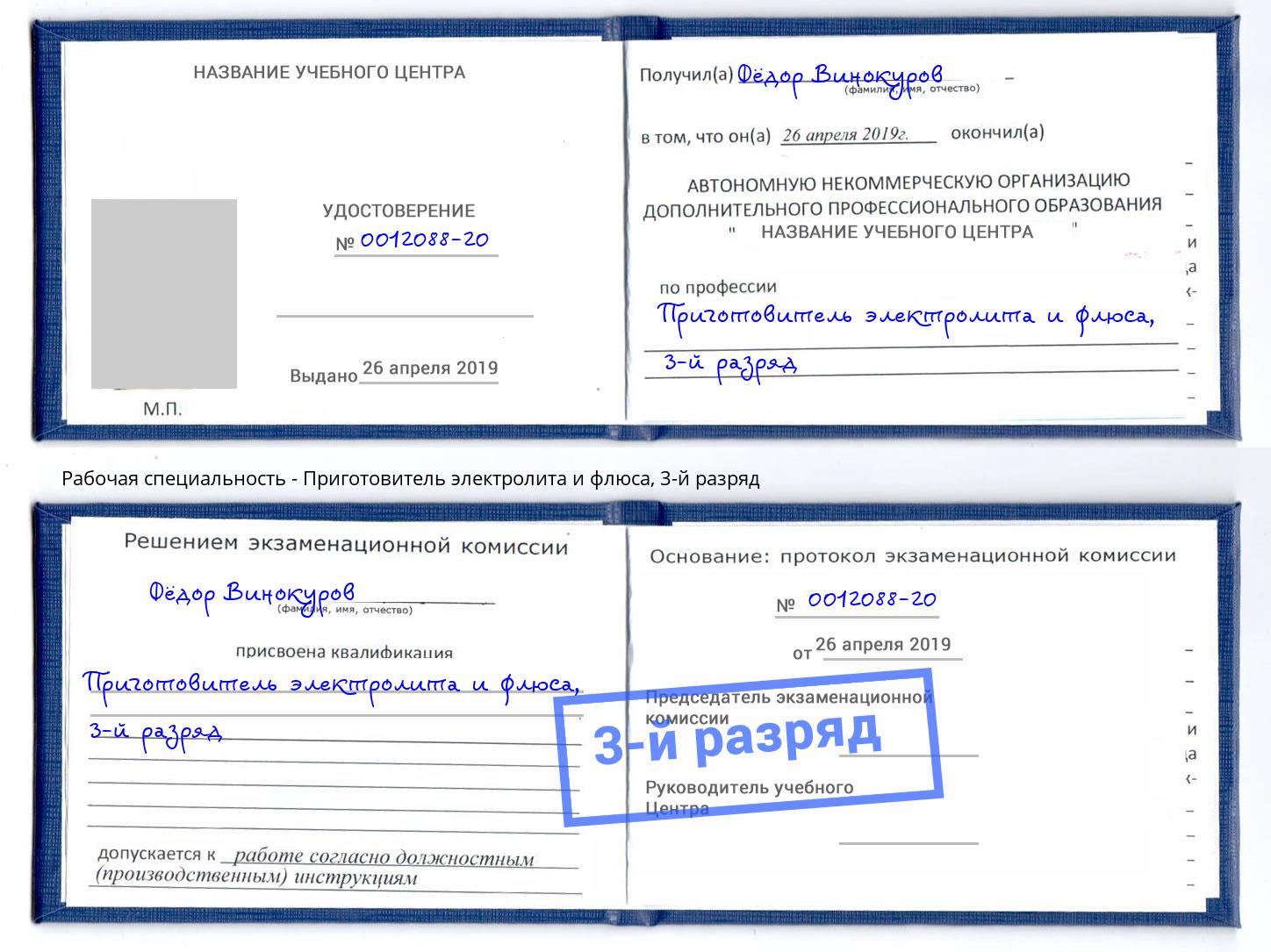 корочка 3-й разряд Приготовитель электролита и флюса Вышний Волочёк