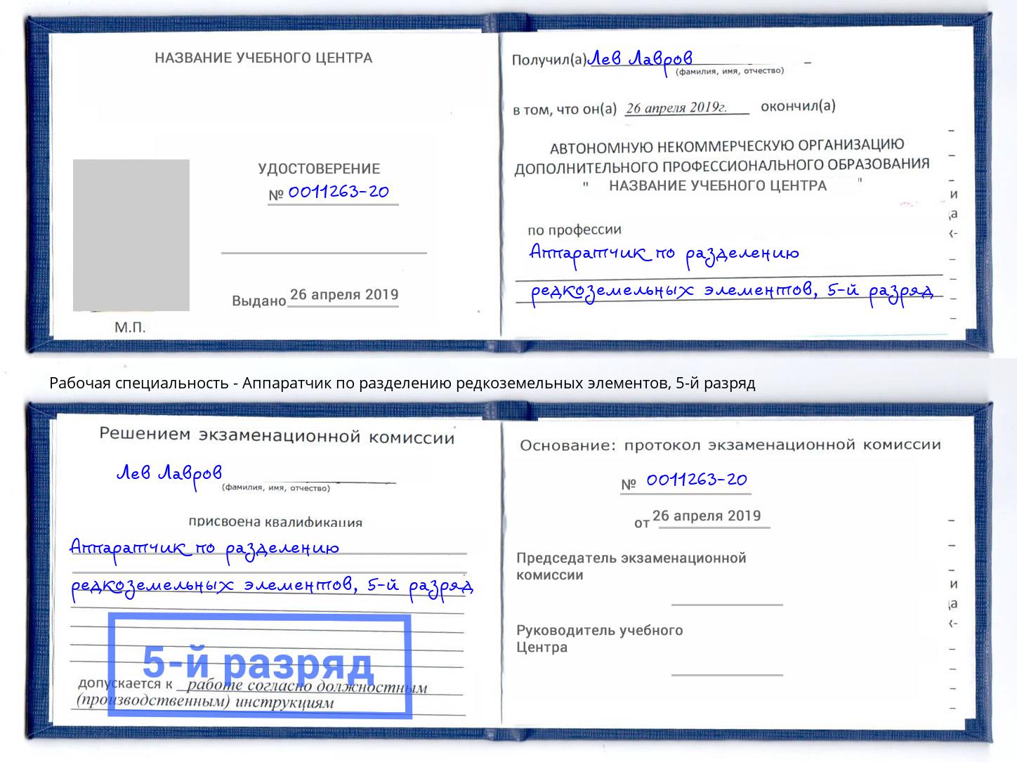 корочка 5-й разряд Аппаратчик по разделению редкоземельных элементов Вышний Волочёк